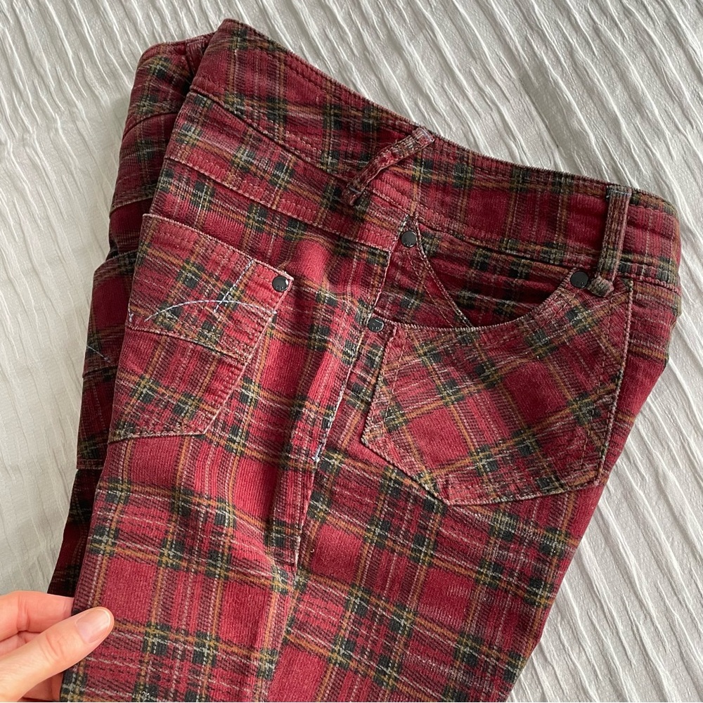 Free People Plaid Burgundy Black Corduroy Low Waist Pants - Picture 5 of 16
